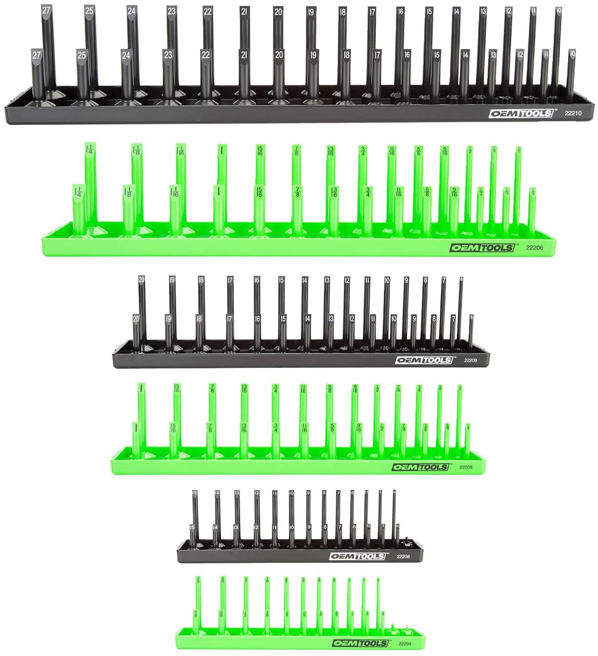 OEMTOOLS 22233 6 Piece Socket Tray Organizer Set, Green and Black, Socket  Rails, Holds 80 SAE & 90 Metric Sockets, 1/4